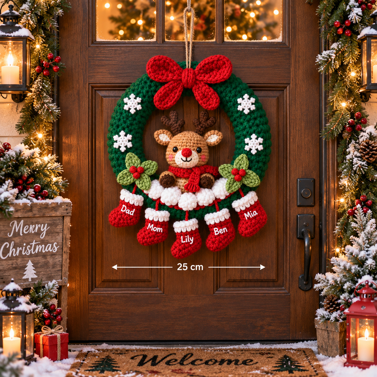 Personalized Christmas Wreath – Reindeer Family Door Decor
