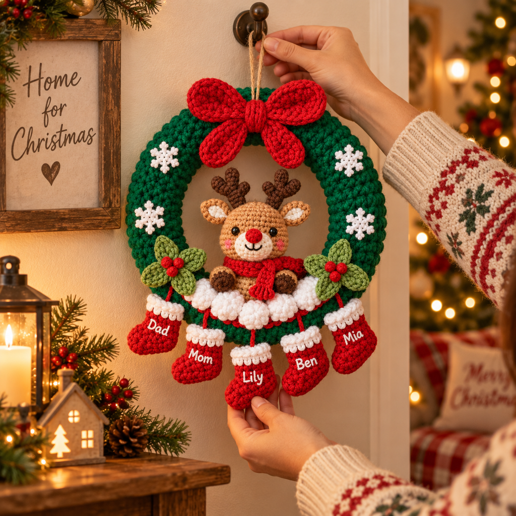 Personalized Christmas Wreath – Reindeer Family Door Decor