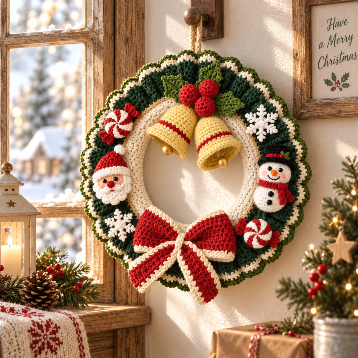 Crochet Christmas Wreath – Handmade Bell Door Decor
