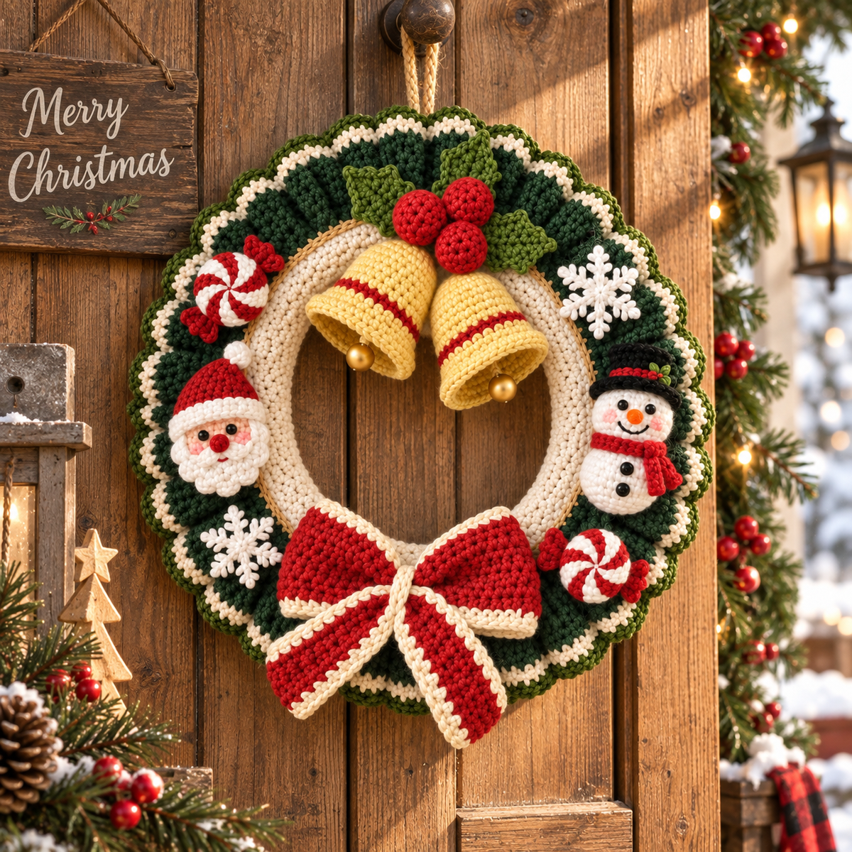 Crochet Christmas Wreath – Handmade Bell Door Decor
