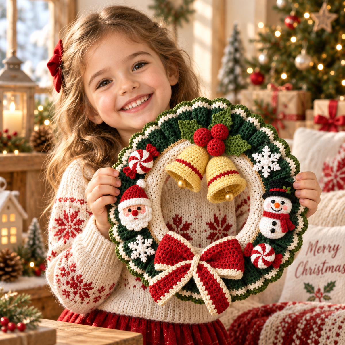 Crochet Christmas Wreath – Handmade Bell Door Decor