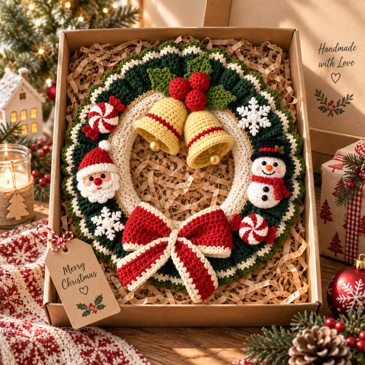 Crochet Christmas Wreath – Handmade Bell Door Decor