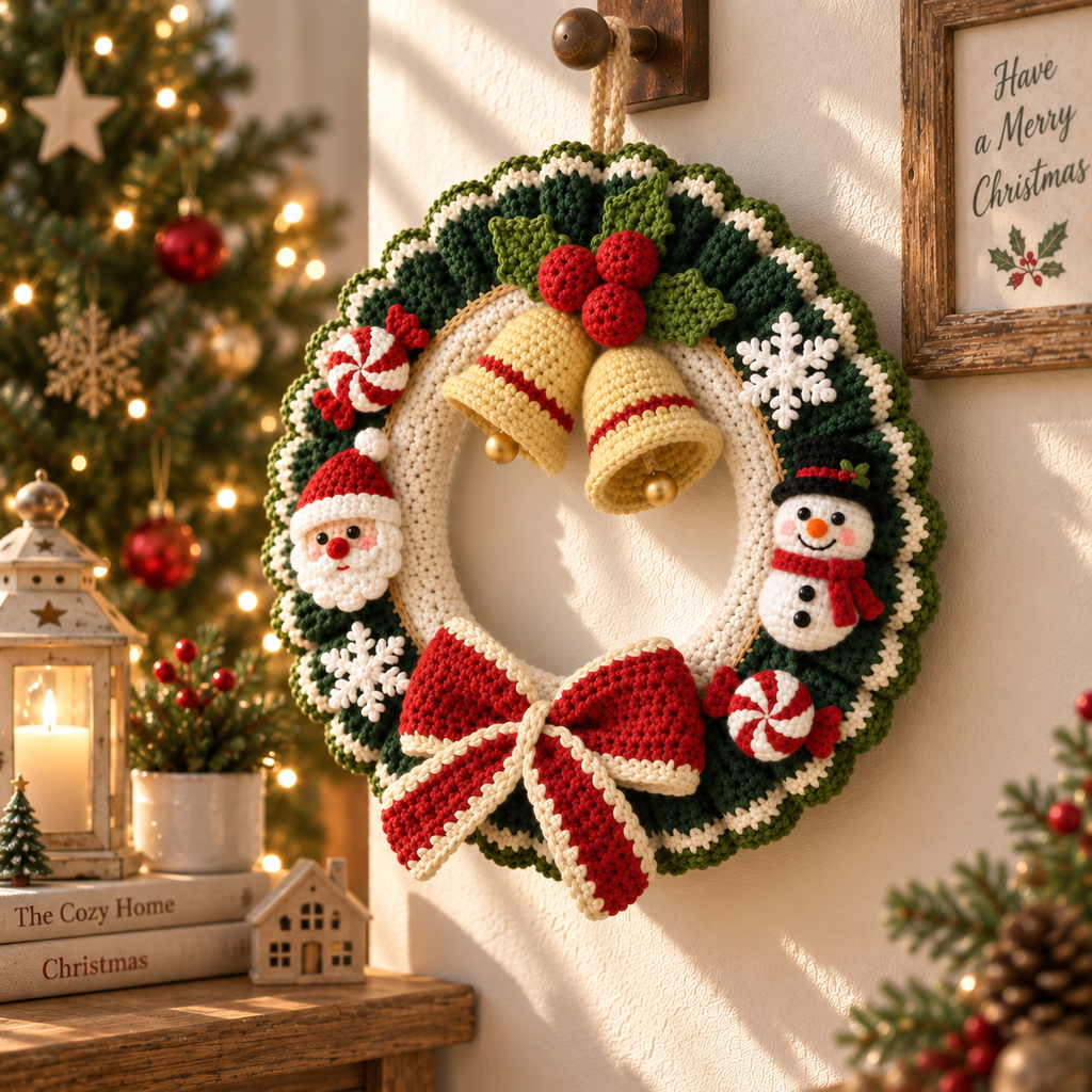Crochet Christmas Wreath – Handmade Bell Door Decor