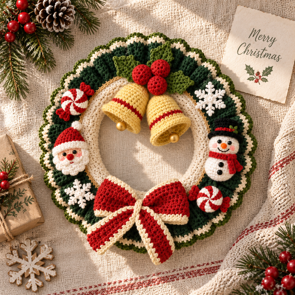 Crochet Christmas Wreath – Handmade Bell Door Decor
