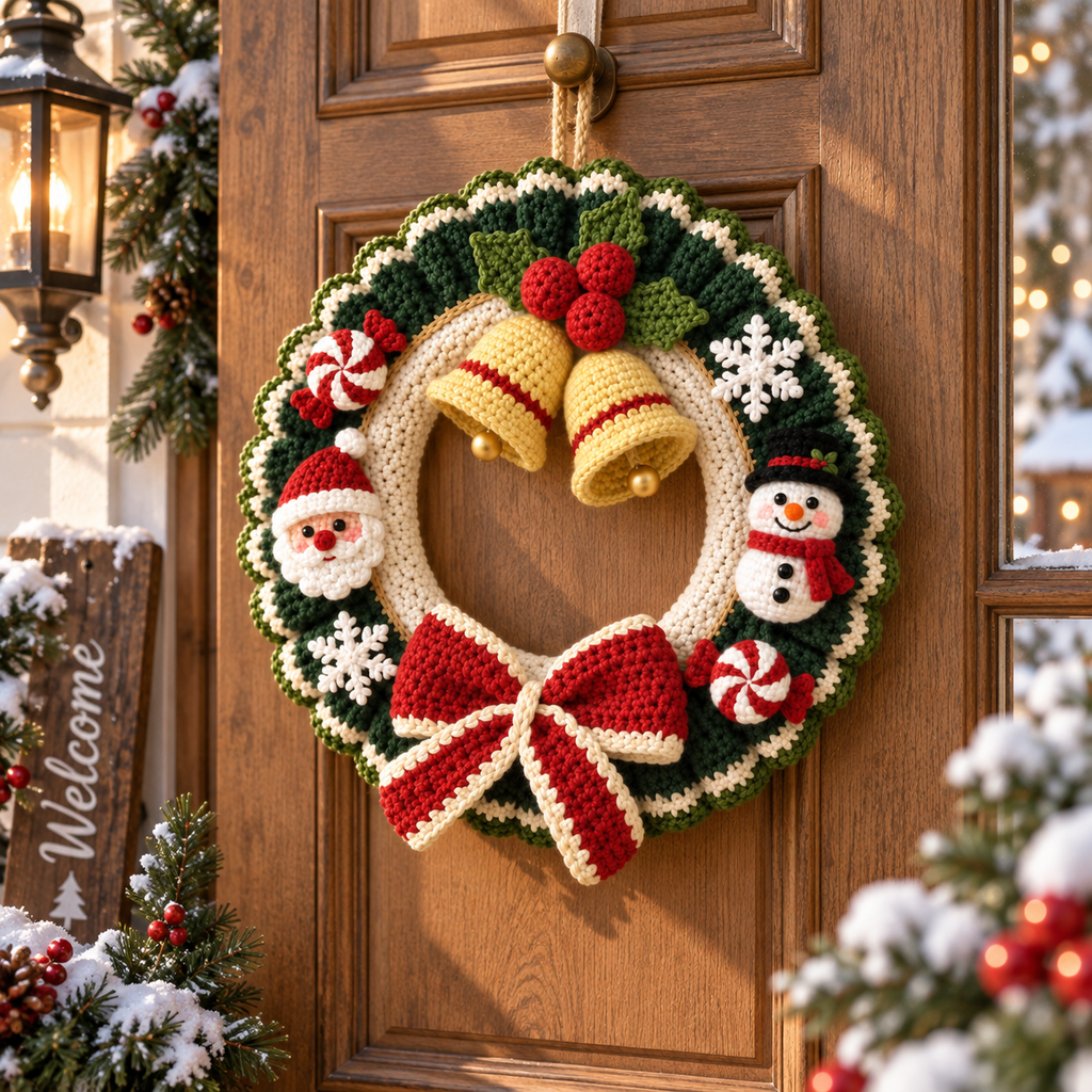 Crochet Christmas Wreath – Handmade Bell Door Decor