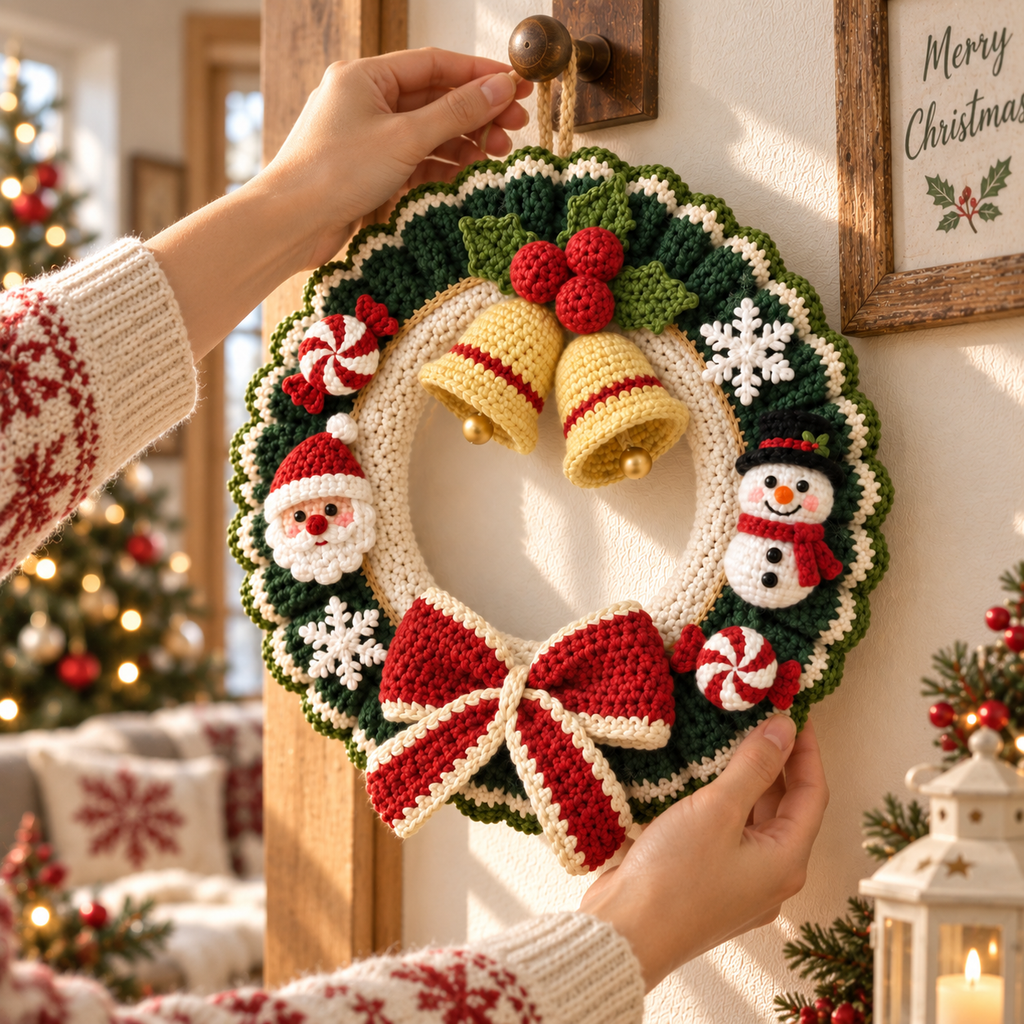 Crochet Christmas Wreath – Handmade Bell Door Decor