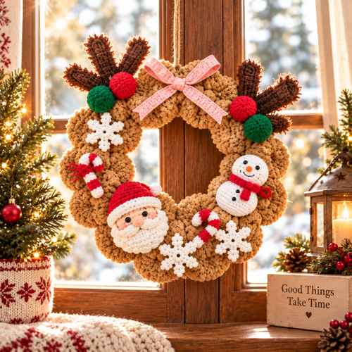 Crochet Christmas Wreath – Rustic Santa & Snowman Door Decor