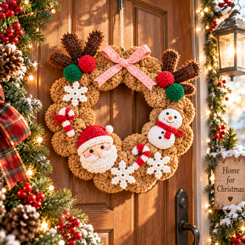 Crochet Christmas Wreath – Rustic Santa & Snowman Door Decor