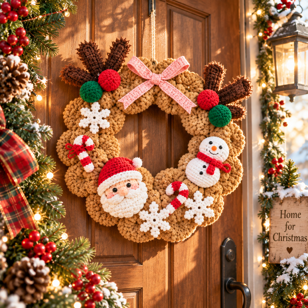 Crochet Christmas Wreath – Rustic Santa & Snowman Door Decor