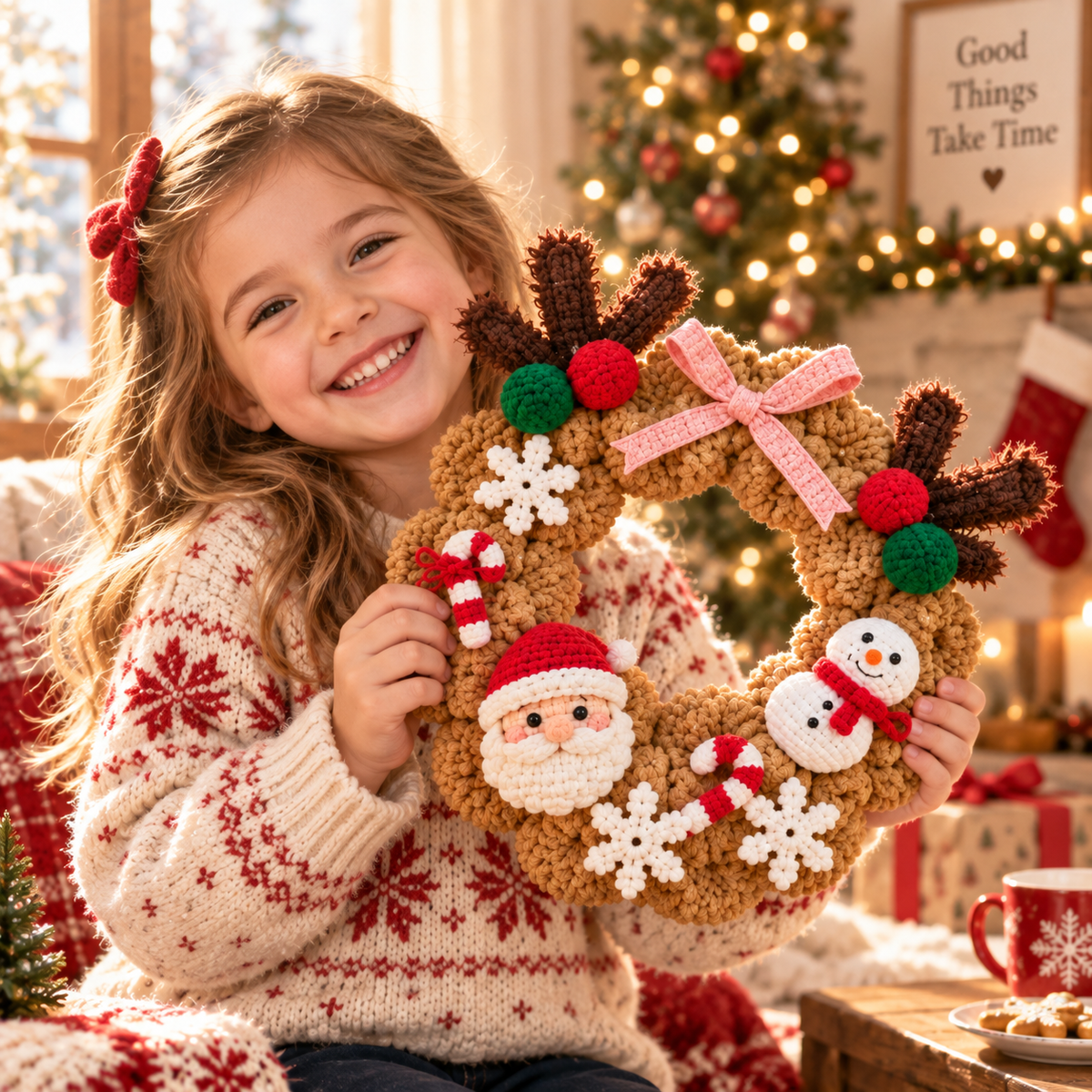 Crochet Christmas Wreath – Rustic Santa & Snowman Door Decor