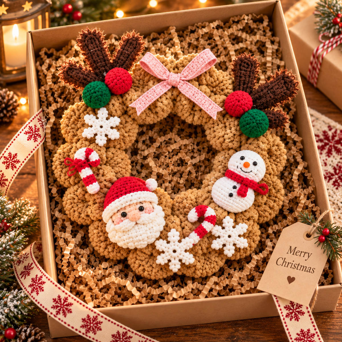 Crochet Christmas Wreath – Rustic Santa & Snowman Door Decor