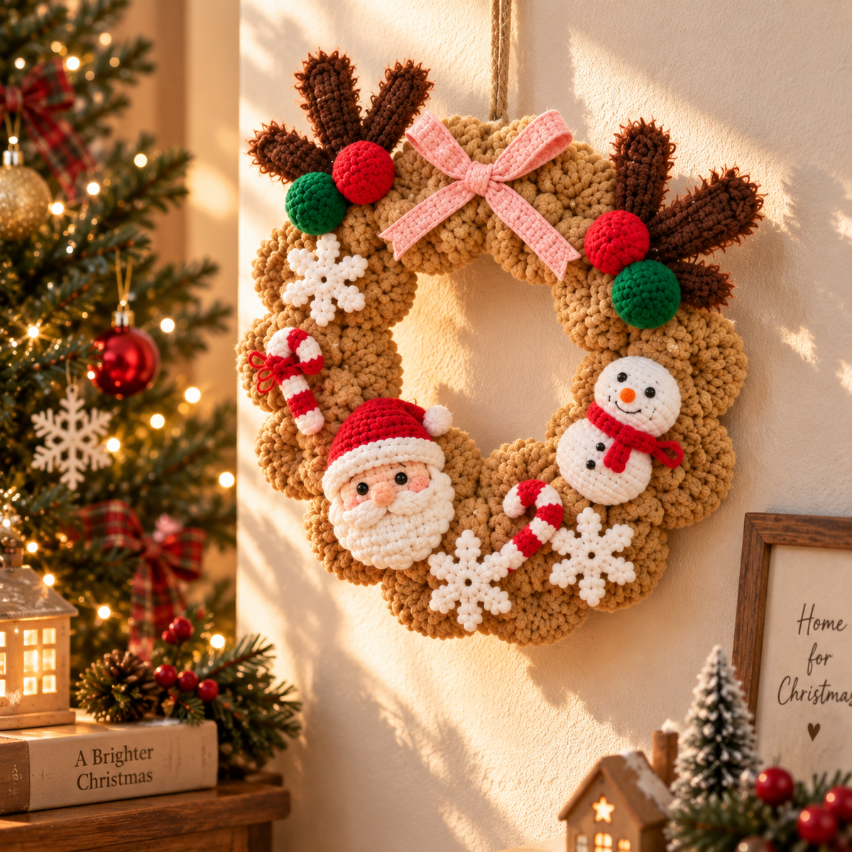 Crochet Christmas Wreath – Rustic Santa & Snowman Door Decor