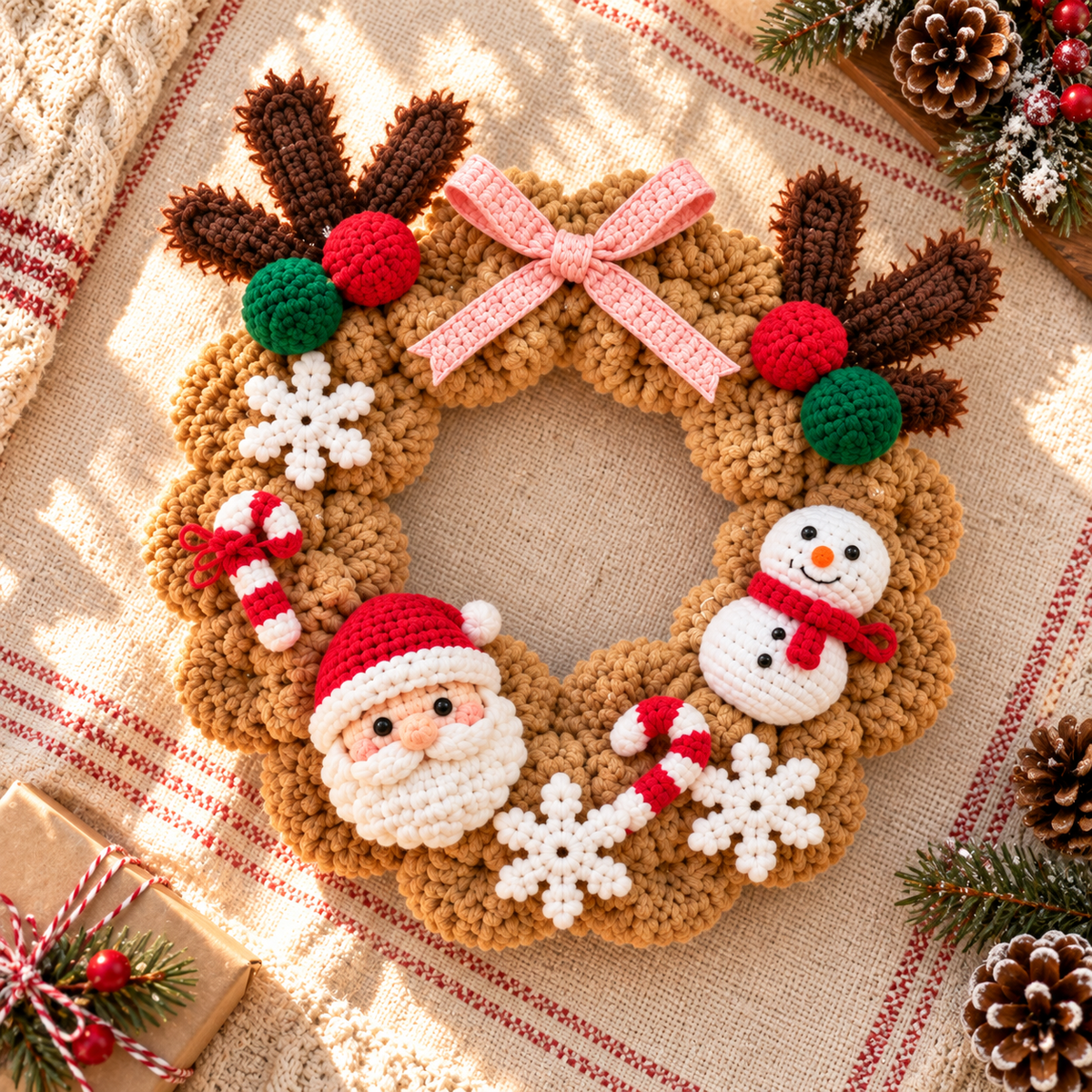 Crochet Christmas Wreath – Rustic Santa & Snowman Door Decor