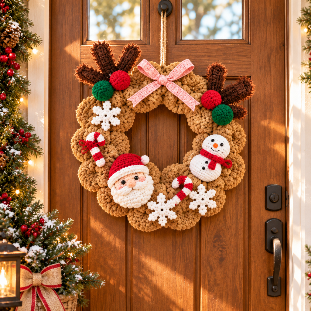 Crochet Christmas Wreath – Rustic Santa & Snowman Door Decor