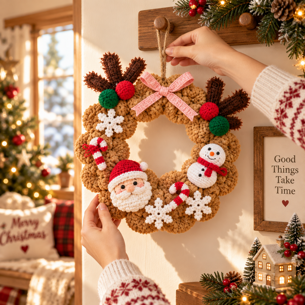 Crochet Christmas Wreath – Rustic Santa & Snowman Door Decor