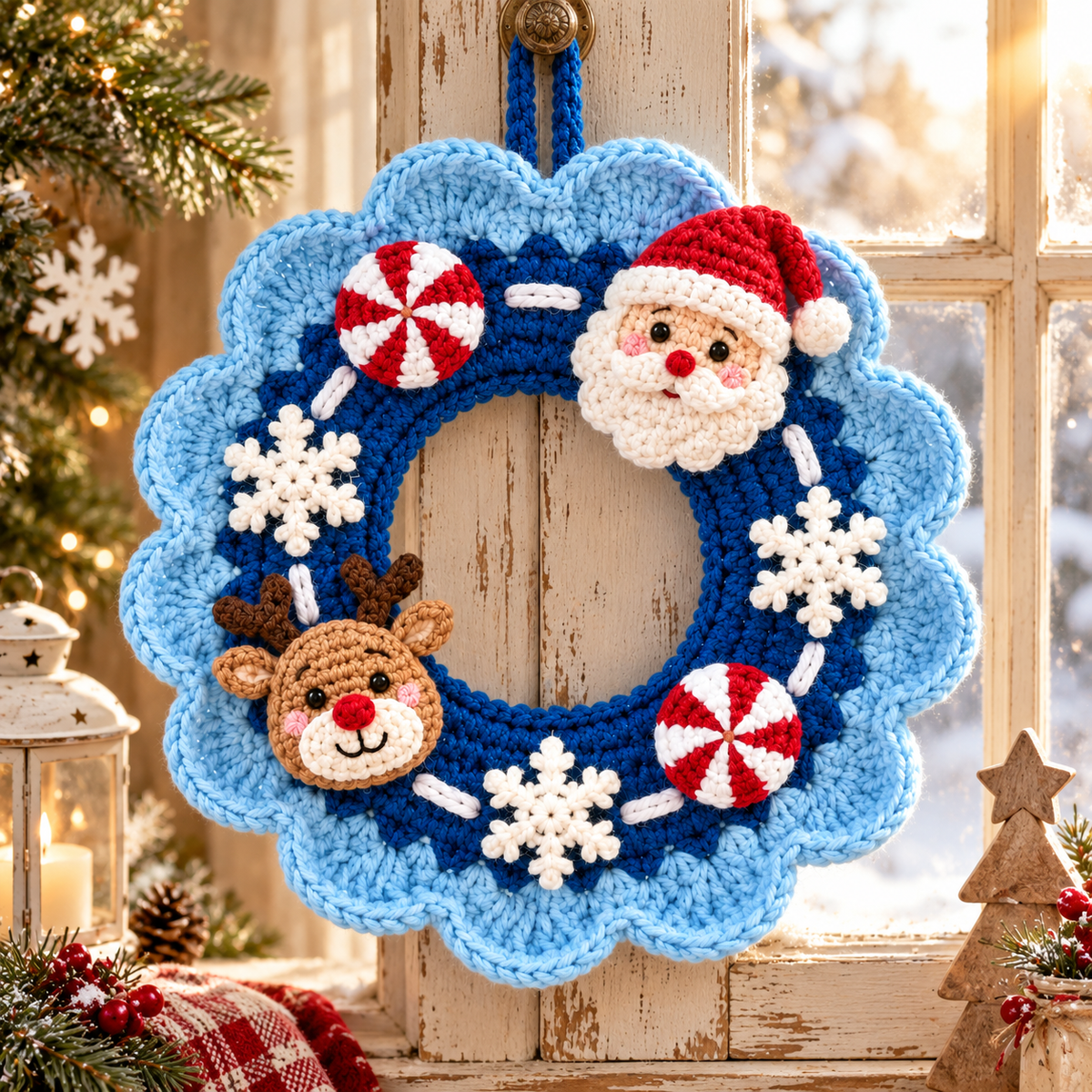 Crochet Christmas Wreath – Blue Santa Reindeer Door Decor