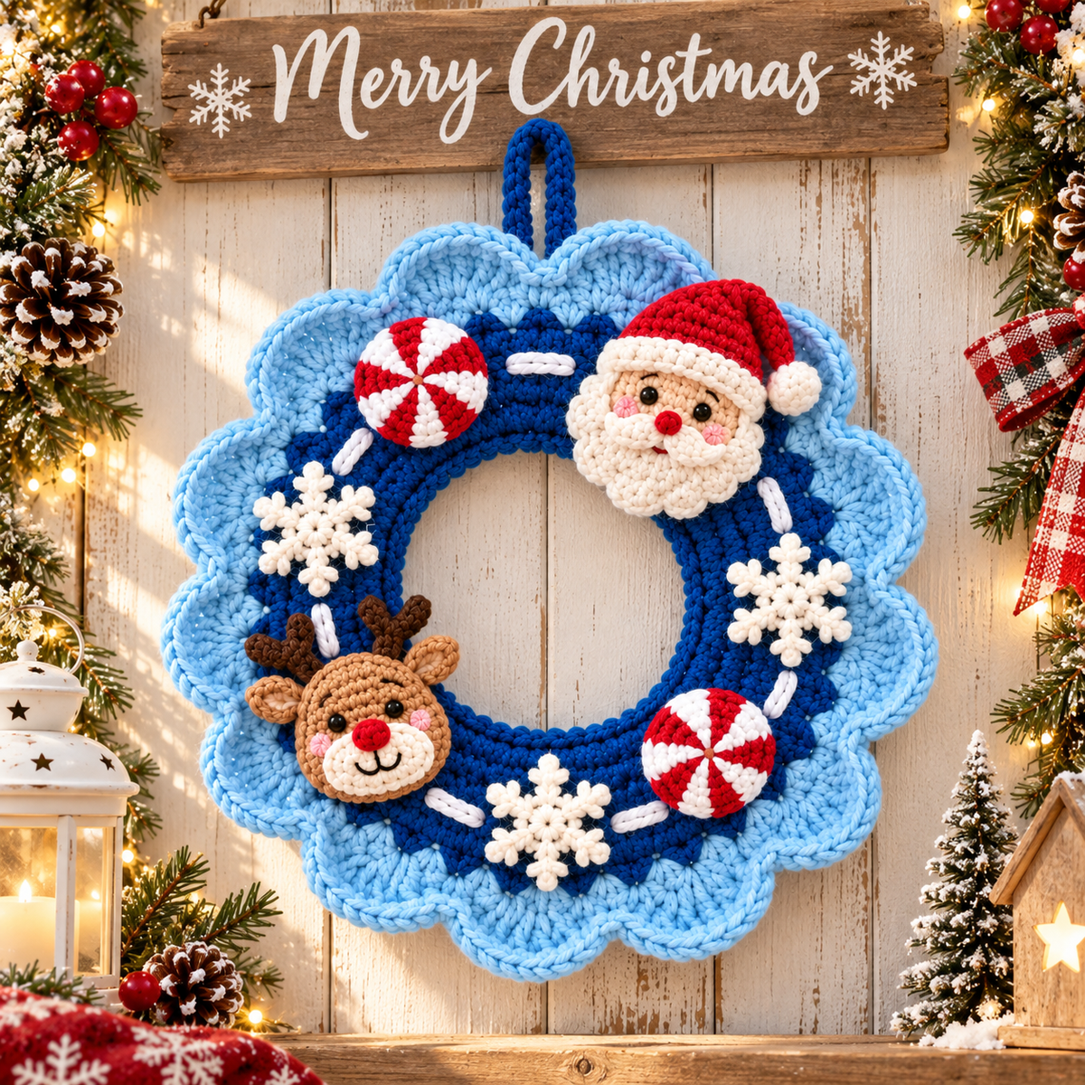 Crochet Christmas Wreath – Blue Santa Reindeer Door Decor