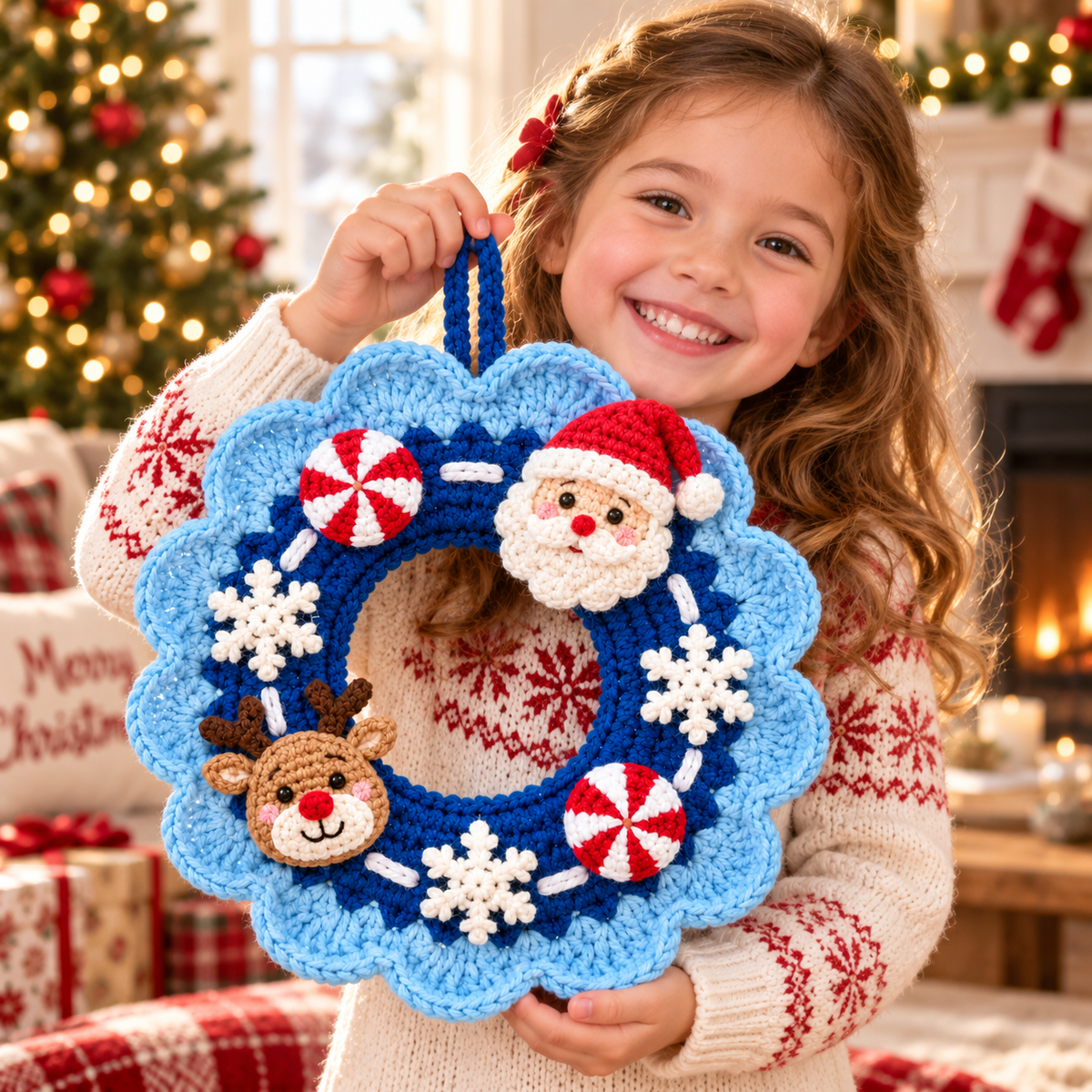 Crochet Christmas Wreath – Blue Santa Reindeer Door Decor