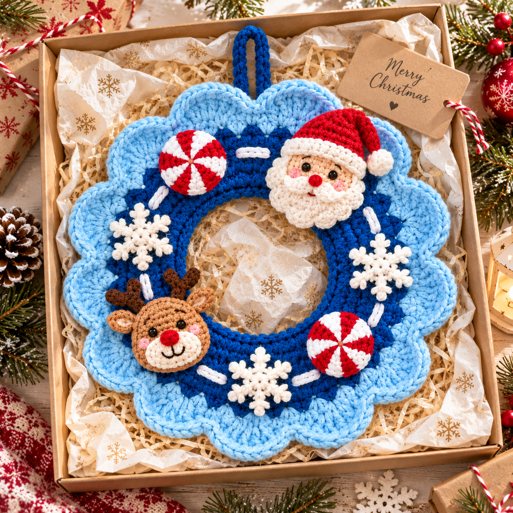 Crochet Christmas Wreath – Blue Santa Reindeer Door Decor