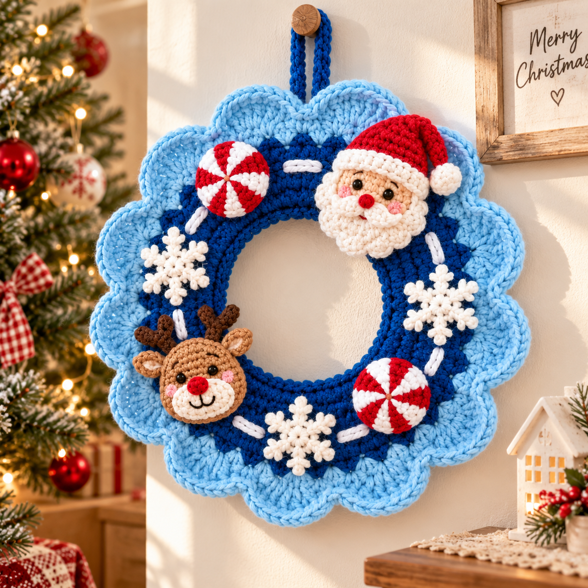 Crochet Christmas Wreath – Blue Santa Reindeer Door Decor