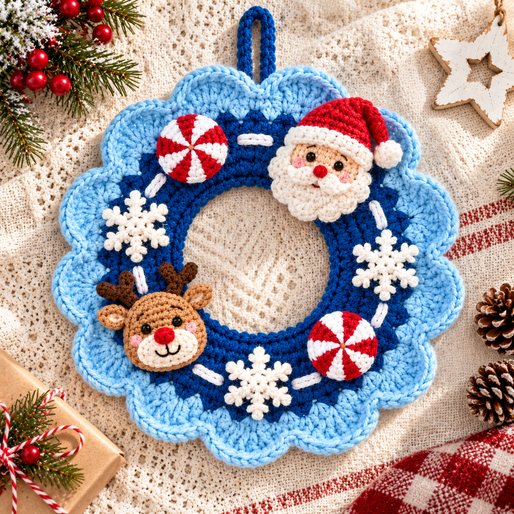 Crochet Christmas Wreath – Blue Santa Reindeer Door Decor