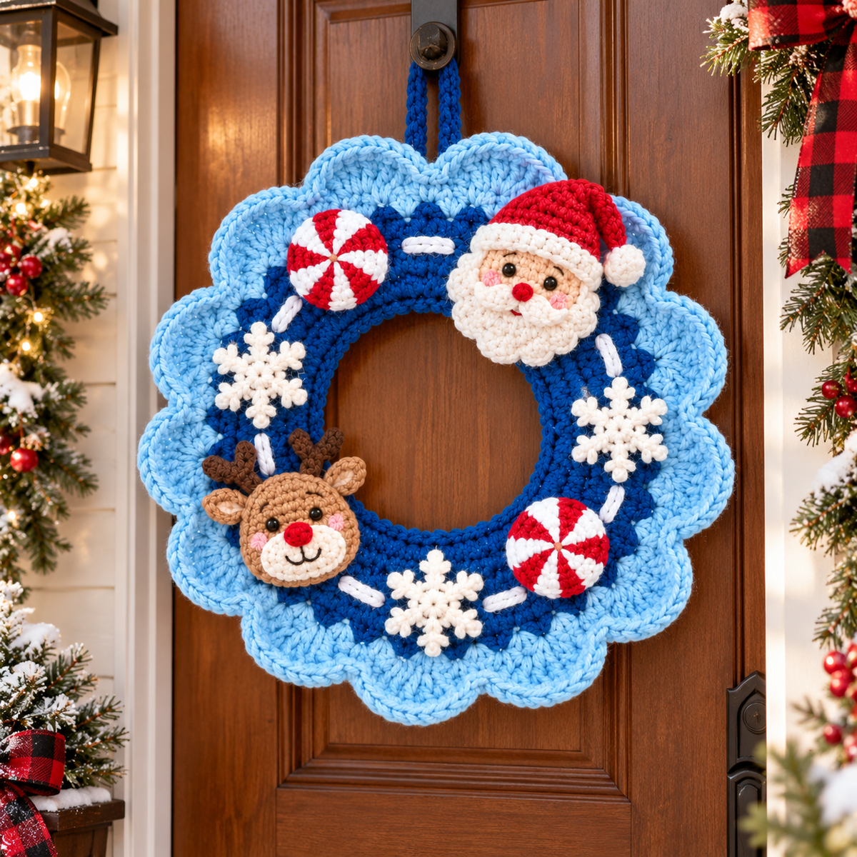 Crochet Christmas Wreath – Blue Santa Reindeer Door Decor