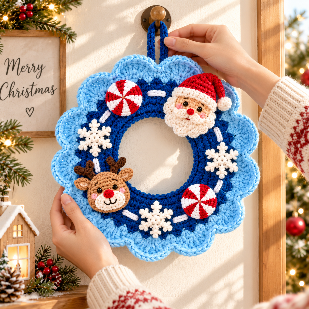 Crochet Christmas Wreath – Blue Santa Reindeer Door Decor