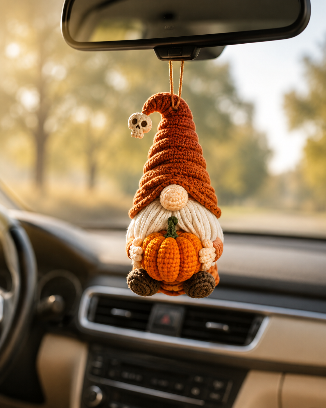 Crochet Halloween Gnome Car Hanging – Handmade Pumpkin Car Charm