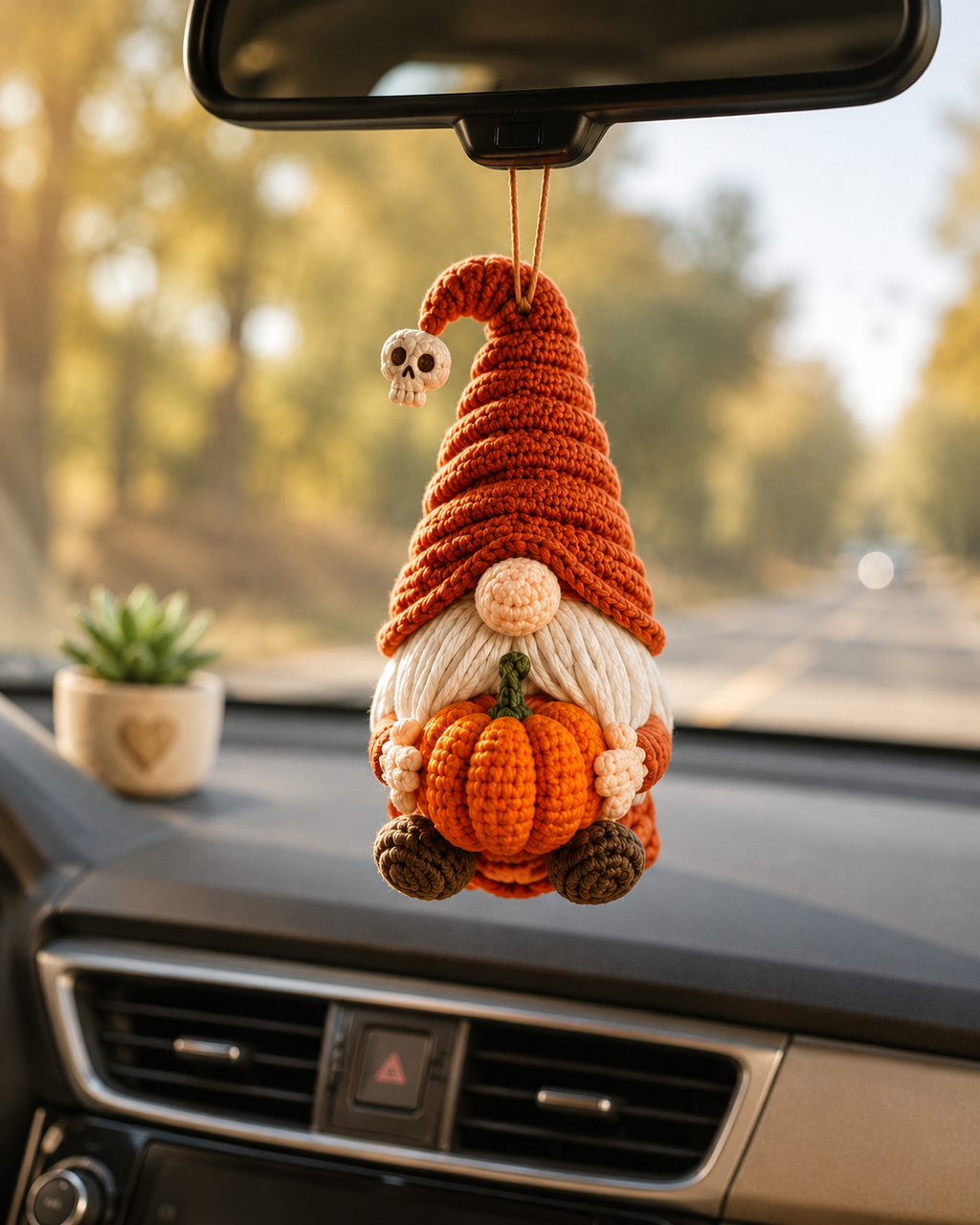 Crochet Halloween Gnome Car Hanging – Handmade Pumpkin Car Charm