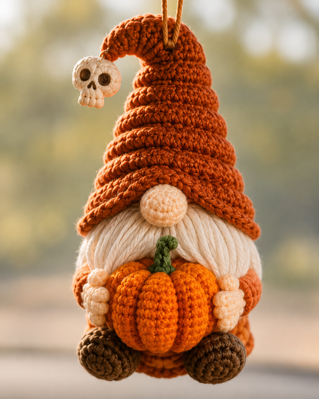 Crochet Halloween Gnome Car Hanging – Handmade Pumpkin Car Charm
