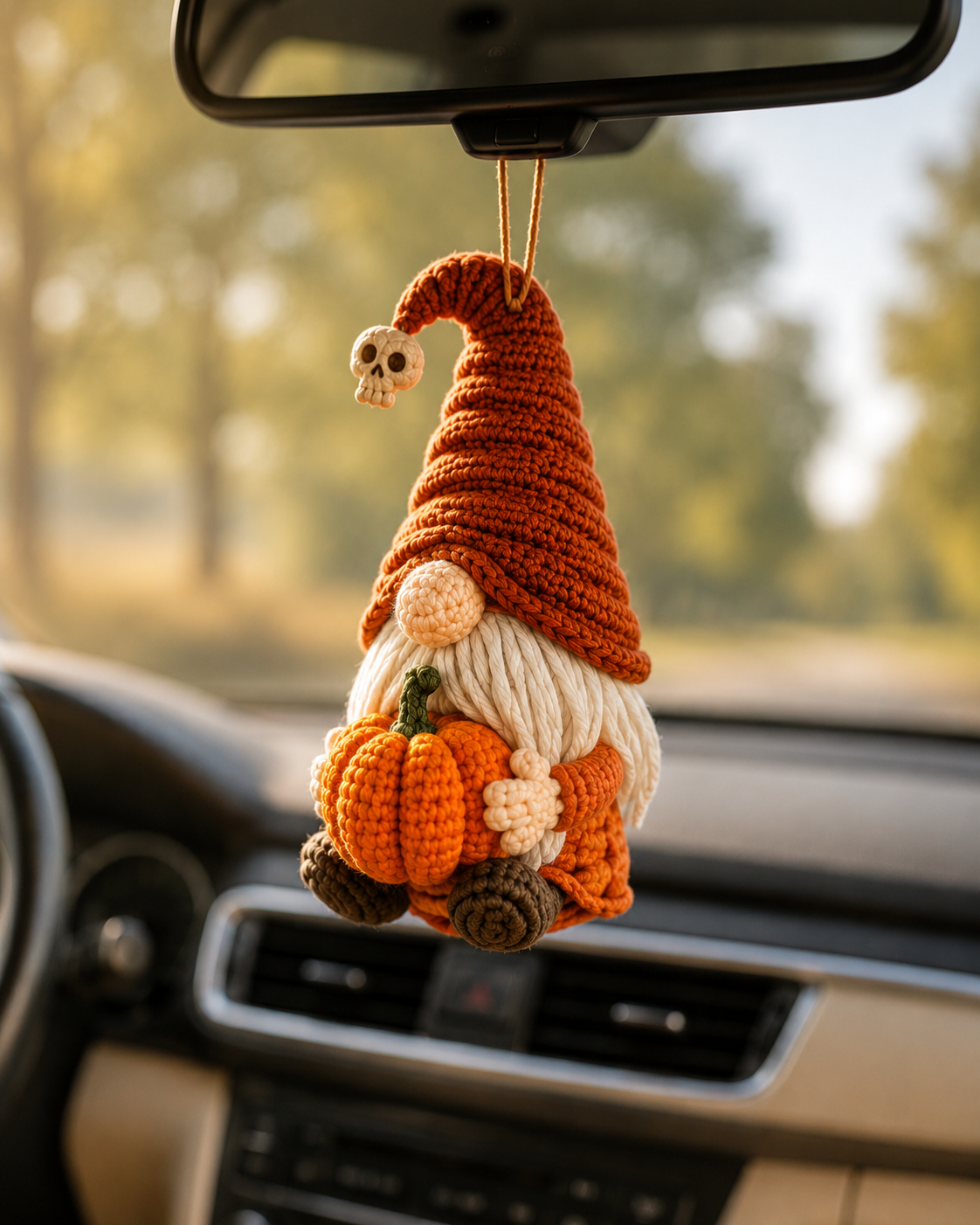 Crochet Halloween Gnome Car Hanging – Handmade Pumpkin Car Charm