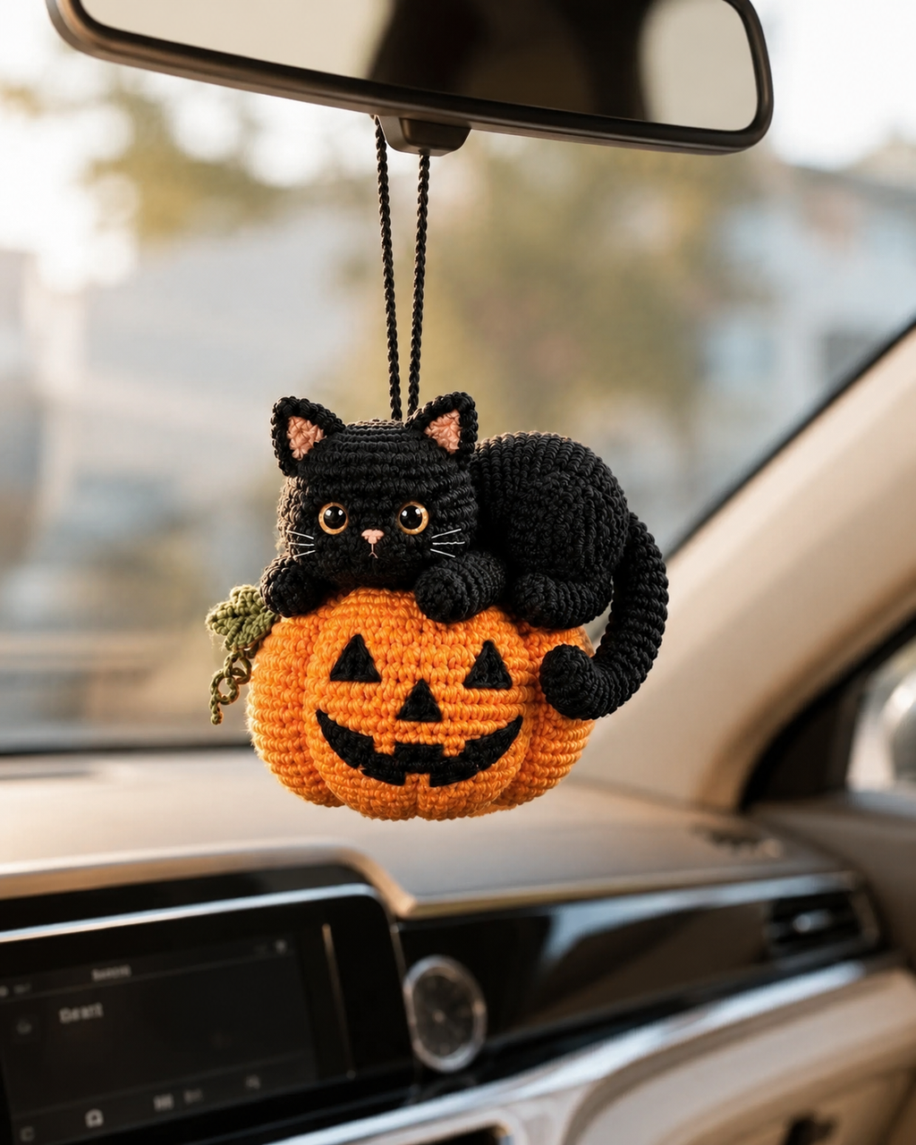 Crochet Halloween Cat Car Hanging | Handmade Pumpkin Cat Decor