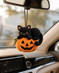 Crochet Halloween Cat Car Hanging | Handmade Pumpkin Cat Decor