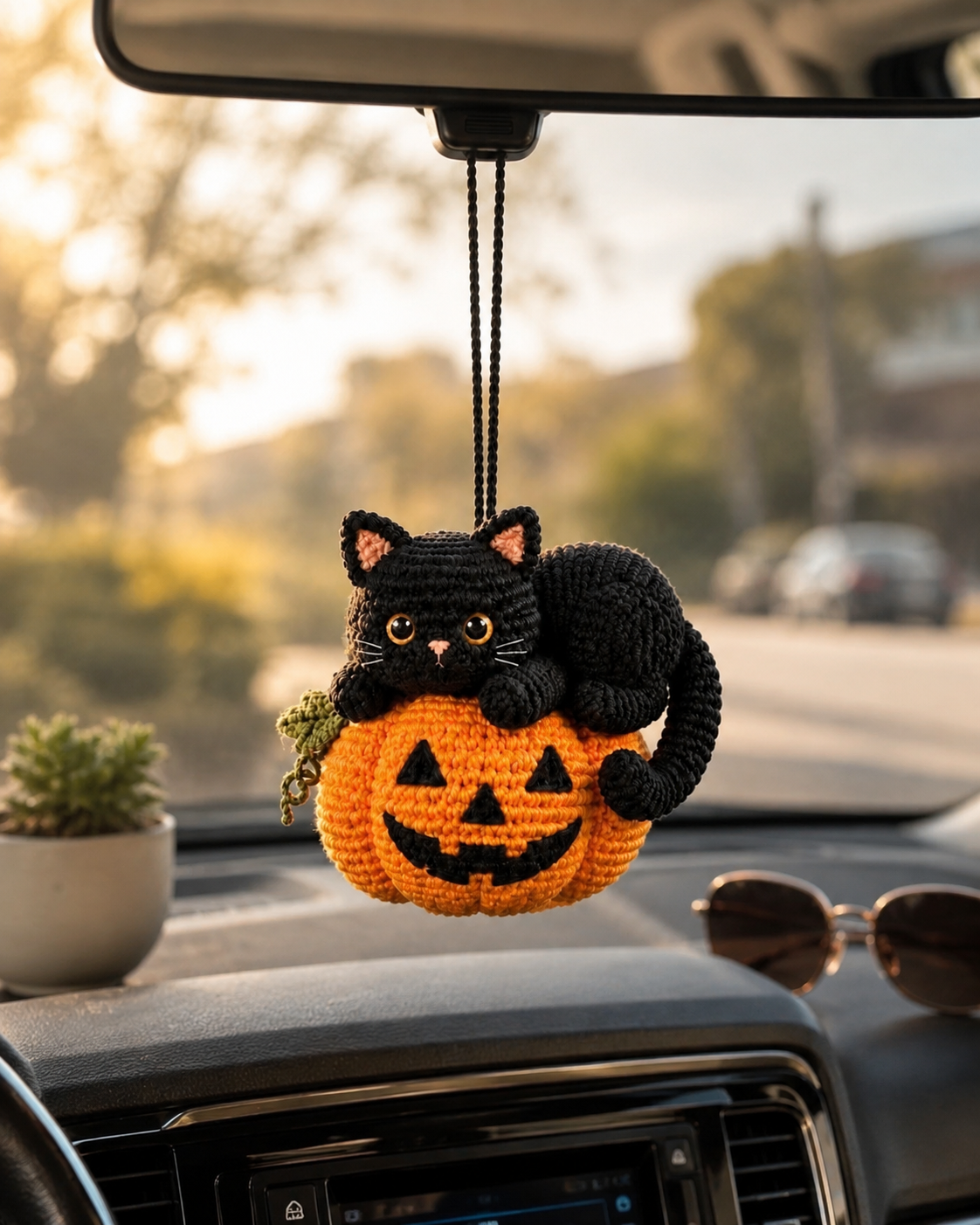 Crochet Halloween Cat Car Hanging | Handmade Pumpkin Cat Decor