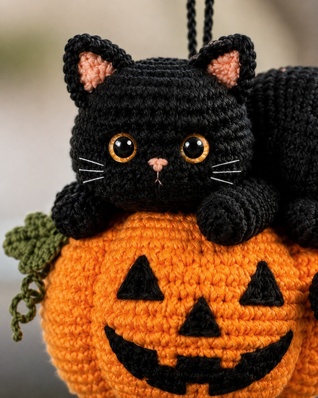 Crochet Halloween Cat Car Hanging | Handmade Pumpkin Cat Decor