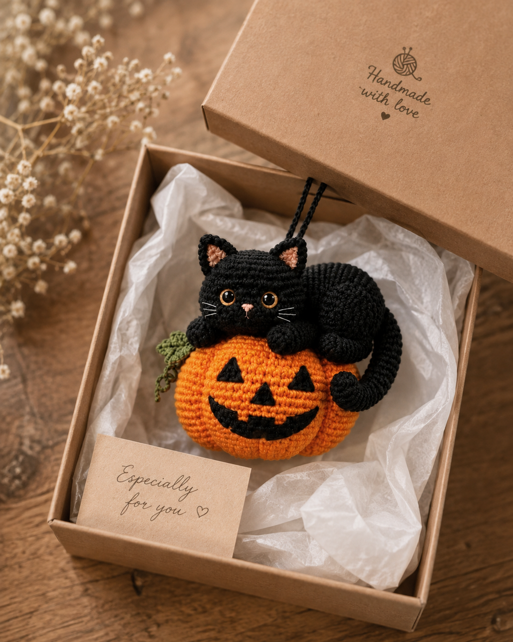 Crochet Halloween Cat Car Hanging | Handmade Pumpkin Cat Decor