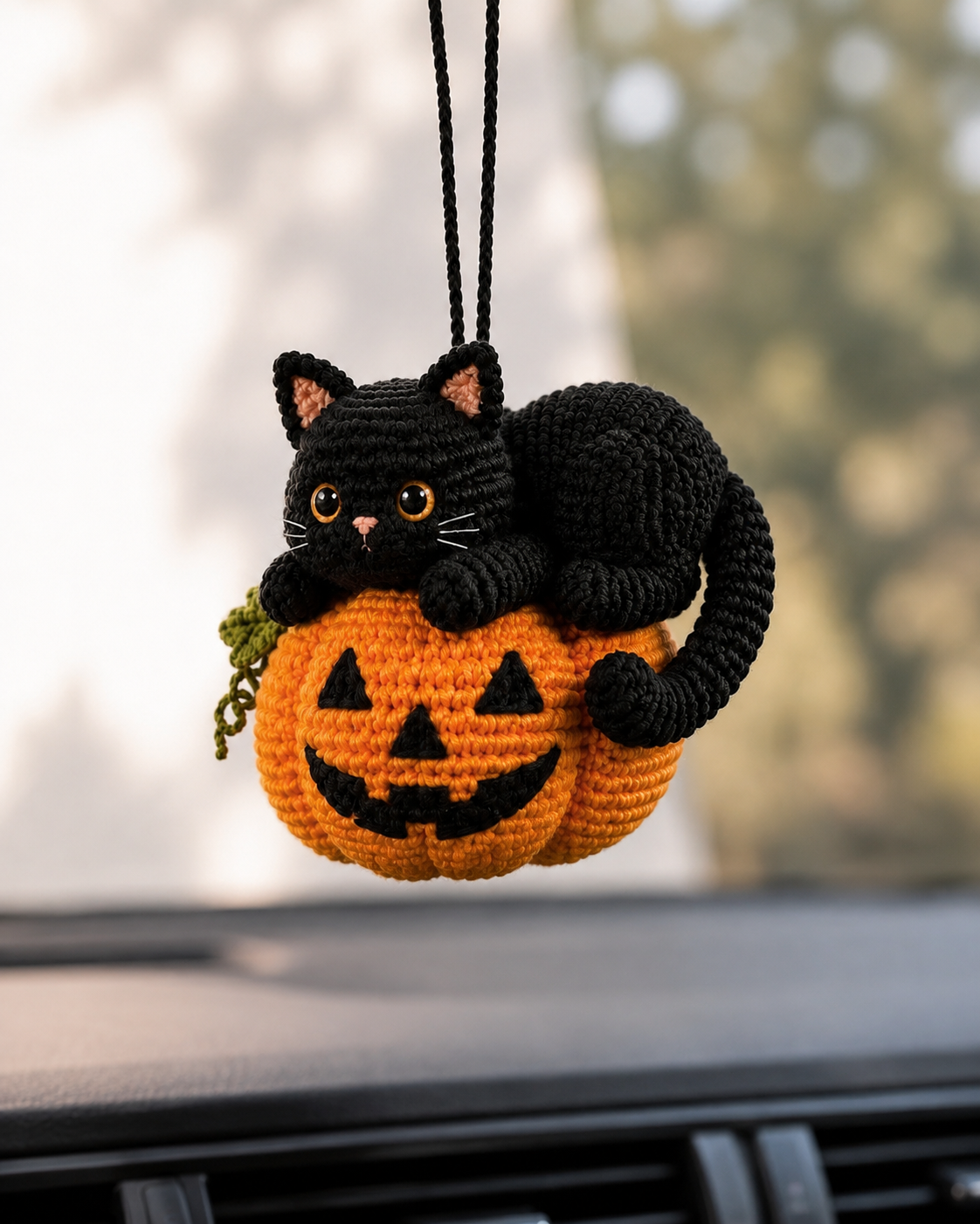 Crochet Halloween Cat Car Hanging | Handmade Pumpkin Cat Decor
