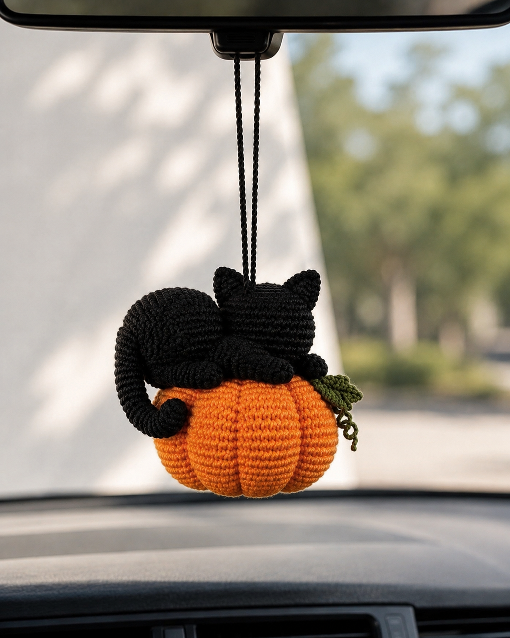 Crochet Halloween Cat Car Hanging | Handmade Pumpkin Cat Decor