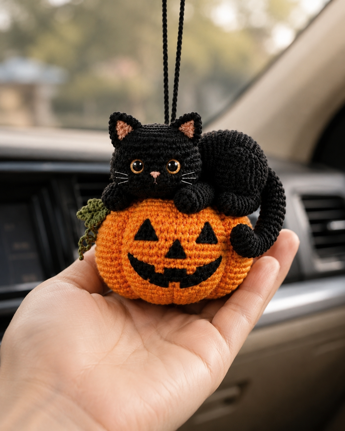 Crochet Halloween Cat Car Hanging | Handmade Pumpkin Cat Decor