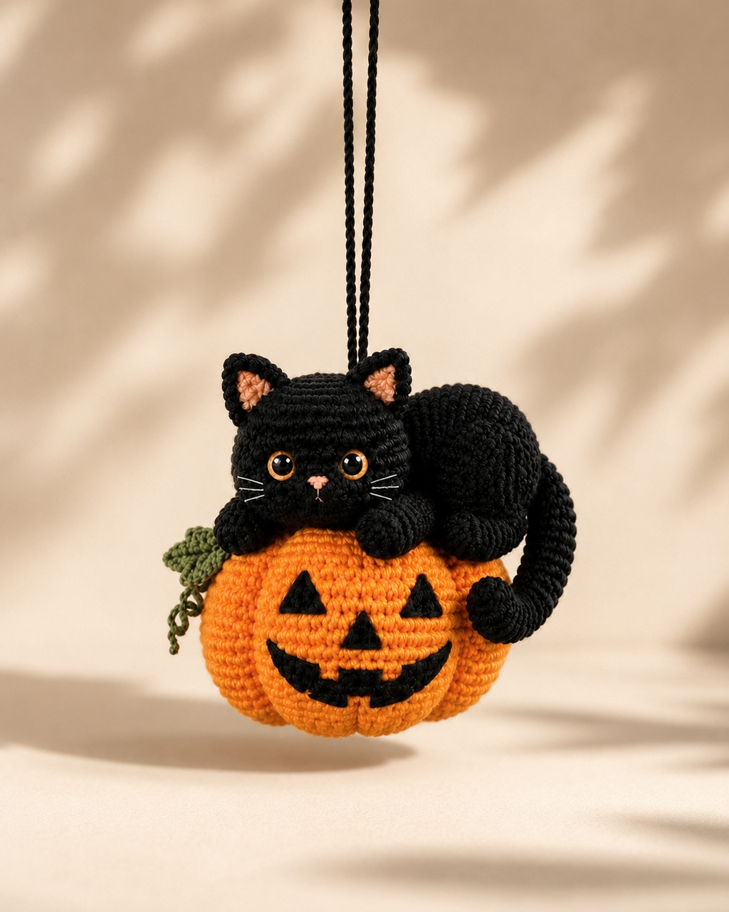 Crochet Halloween Cat Car Hanging | Handmade Pumpkin Cat Decor