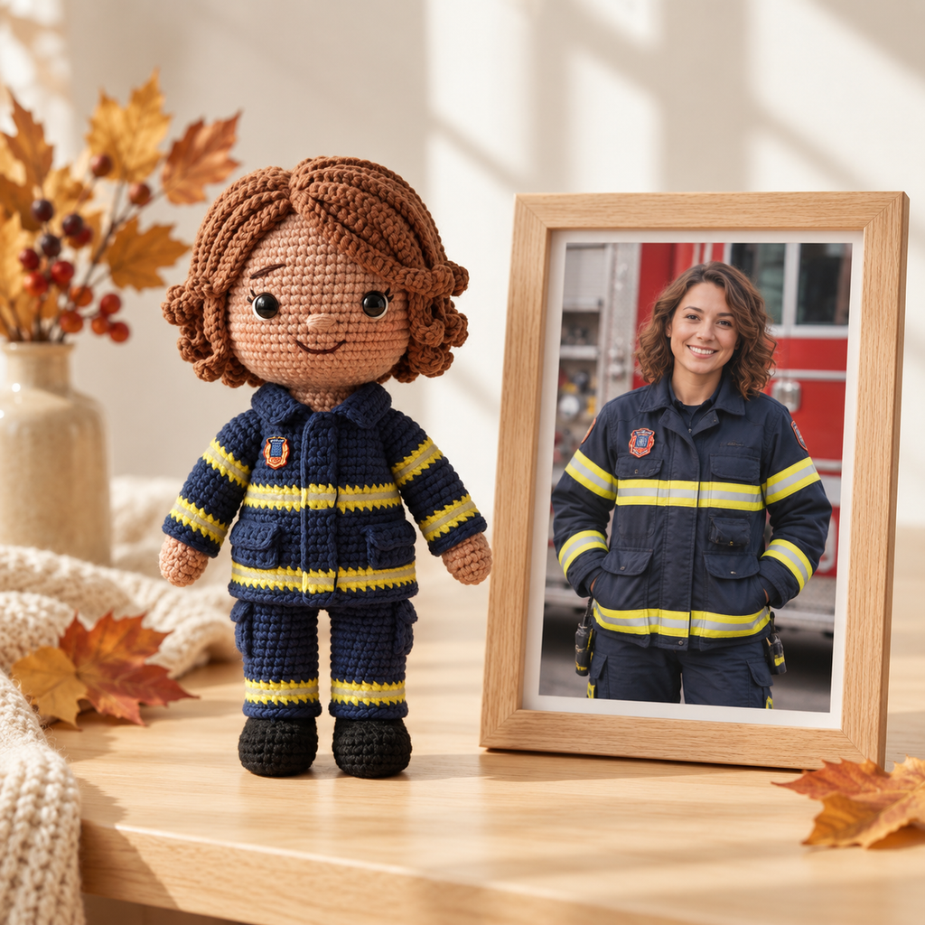 Custom Crochet Firefighter Doll From Photo – Personalized Firefighter Gift