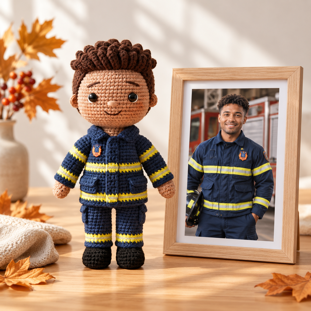 Custom Crochet Firefighter Doll From Photo – Personalized Firefighter Gift