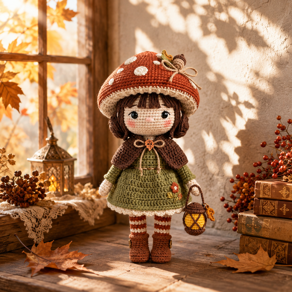 Crochet Autumn Doll Decor – Handmade Mushroom Girl Doll with Cozy Fall Details