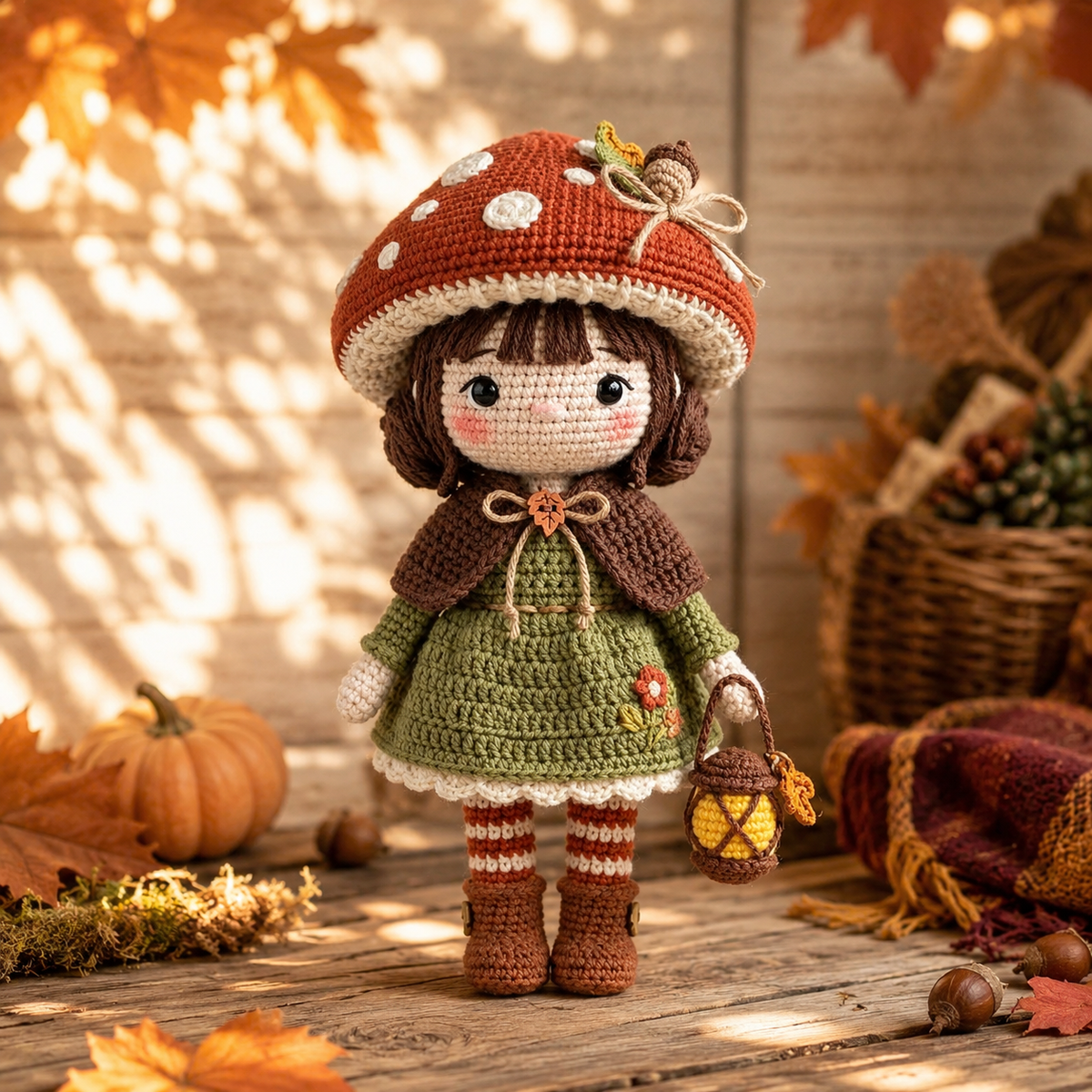 Crochet Autumn Doll Decor – Handmade Mushroom Girl Doll with Cozy Fall Details