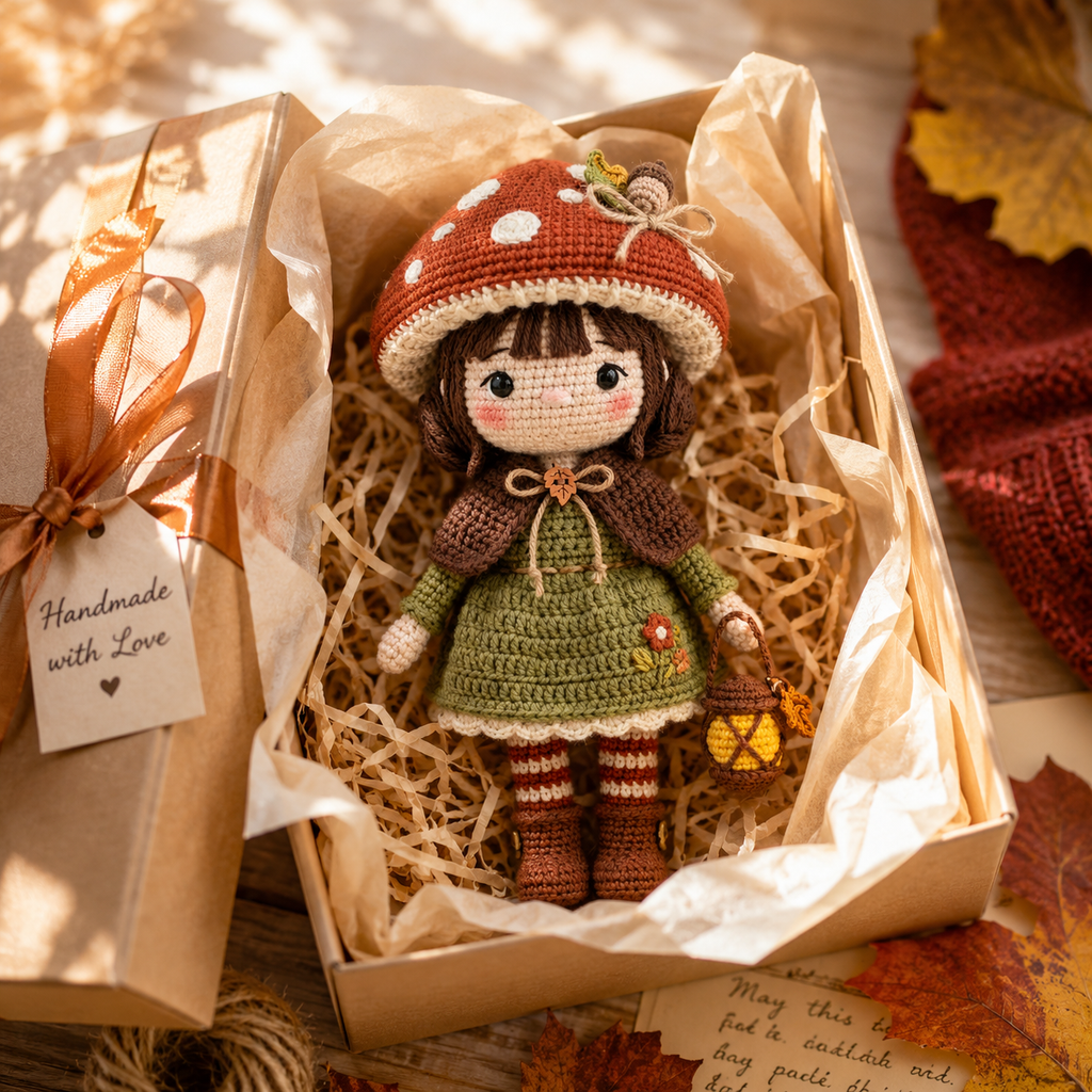 Crochet Autumn Doll Decor – Handmade Mushroom Girl Doll with Cozy Fall Details