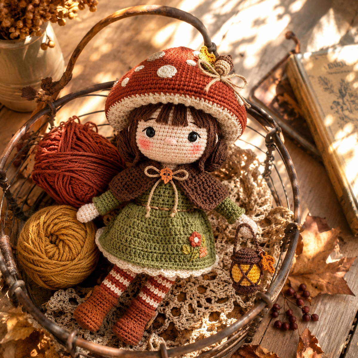 Crochet Autumn Doll Decor – Handmade Mushroom Girl Doll with Cozy Fall Details