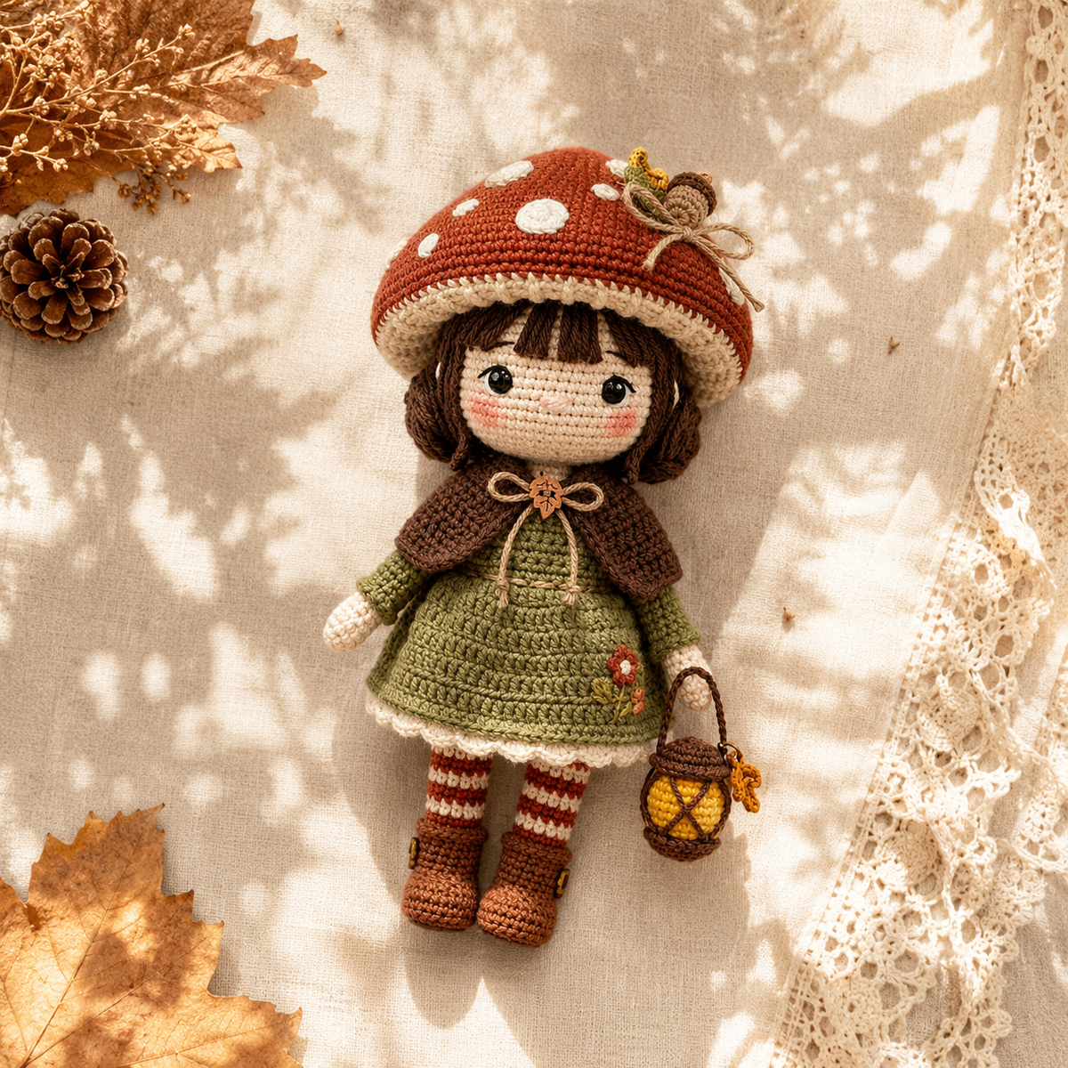 Crochet Autumn Doll Decor – Handmade Mushroom Girl Doll with Cozy Fall Details