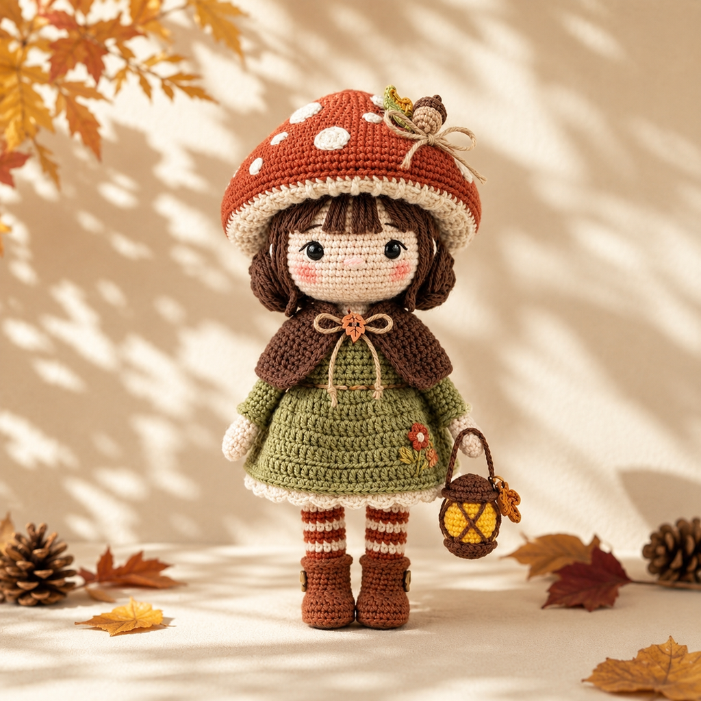 Crochet Autumn Doll Decor – Handmade Mushroom Girl Doll with Cozy Fall Details