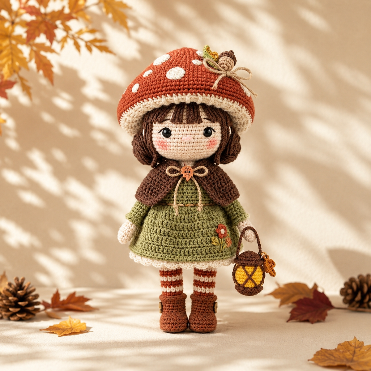 Crochet Autumn Doll Decor – Handmade Mushroom Girl Doll with Cozy Fall Details
