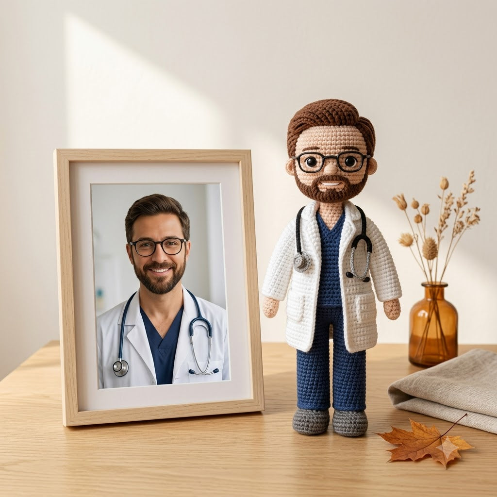 Custom Crochet Doctor Doll – Personalized Doll From Photo, Handmade Doctor Gift